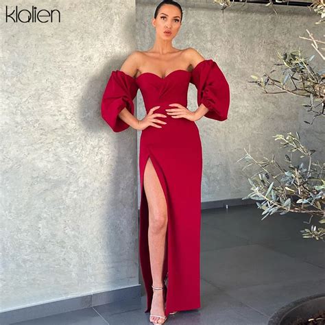 Klalien Women Elegant Sexy High Slit Slash Neck Strapless Puff Sleeve