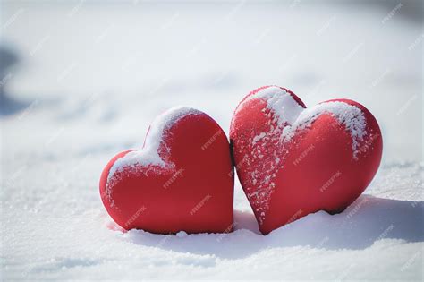 Premium Photo Two Tiny Red Hearts Nestled Together On A Snowy Surface