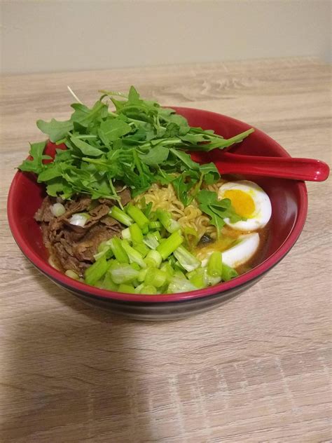 Spiced Up My Shin Ramyun With Some Sliced Ribeye Green Onion Arugula