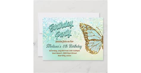 Mint Glitter Butterfly Birthday Invitation Zazzle