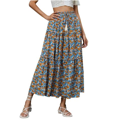 Womens Boho Floral Print Maxi Skirt Elastic High Waist Ruffle Tiered