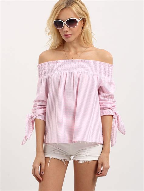 Pink Off The Shoulder Long Sleeve Blouse Shein Sheinside