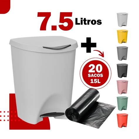 Lixeira Escritório Cozinha Banheiro C Pedal 7 5 Litros Plast e Saco