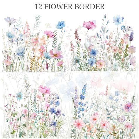 12 Pastel Flower Border Floral Clipart Flower Border Wildflower Clip