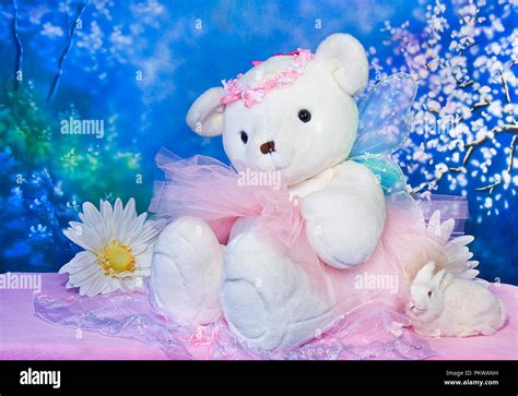 Large White Stuffed Teddy Bear Wearing Pink Tutu Isolated On Magical