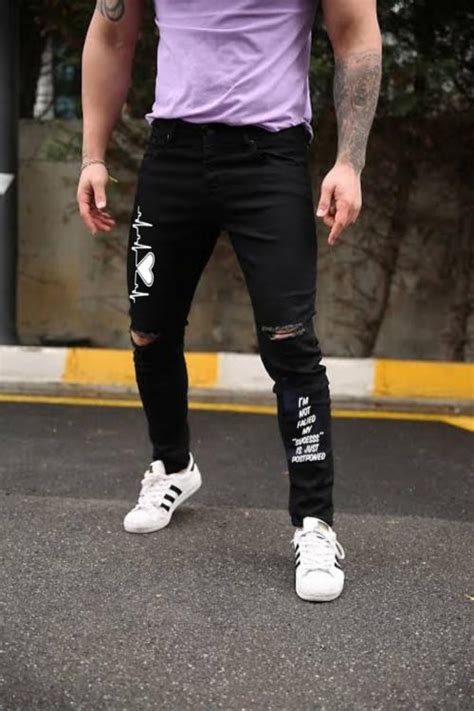 Buy Star4well Men Heart Printed Slim Fit Knee Cut Jeans Black White
