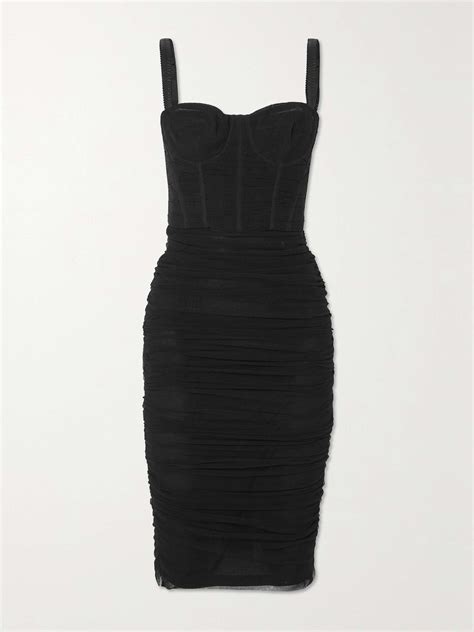 Black Ruched Stretch Cotton Blend Tulle Midi Dress Dolce And Gabbana