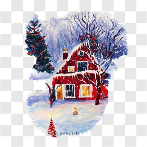 Download Red House In The Snow With Festive Decorations Png Online Creative Fabrica