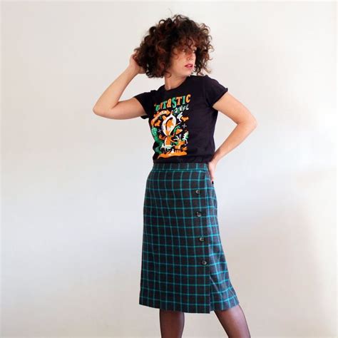 80s 1970s Plaid Wool Skirt Vintage High Waist Straight Skirt Wrap