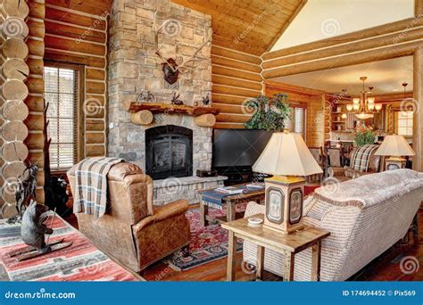 A Modern Log Cabin Living Room Editorial Photography Image Of Bright