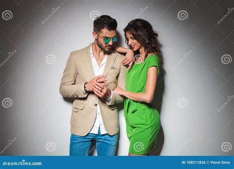 Woman Leaning Elbow On Lover`s Shoulder Stock Photo Image Of Elegant