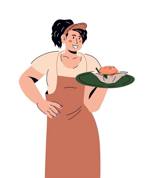 Friendly Smiling Waitress Holding A Tray With Food Cartoon Vector