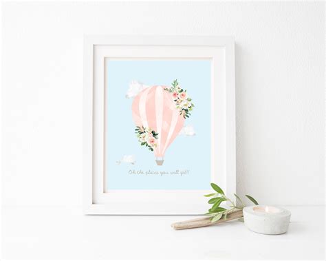 Hot Air Balloon Nursery Print Pink Hot Air Balloon Floral Hot Air