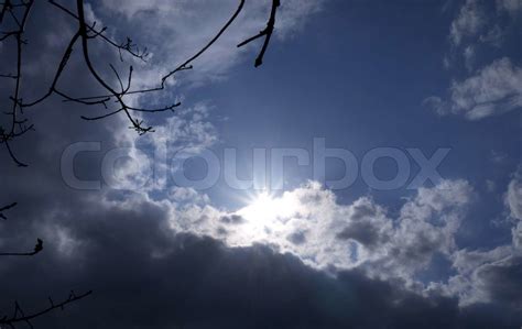 Blå himmel med sol og mørke og hvide skyer med træ Stock foto Colourbox