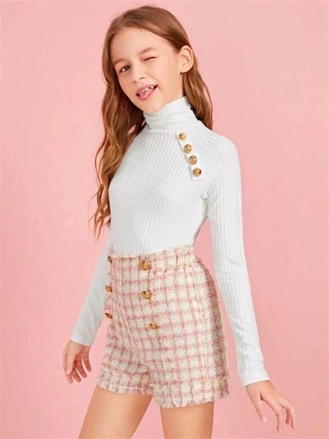 Girls High Neck Button Detail Top And Grid Tweed Shorts Set Tween