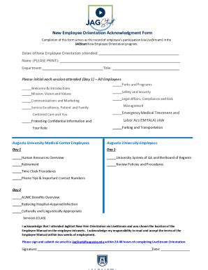 Fillable Online New Employee Orientation Acknowledgment Form Fax Email