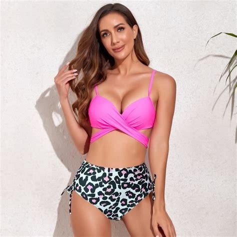Maillot De Bain Femme 2 Pieces Bikini Stretch Col V Bandage Slim Fit Sexy Amincissante Ete Rose
