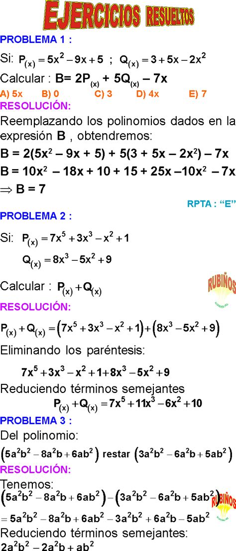 Operación Con Polinomios Ejemplos Y Ejercicios Resueltos