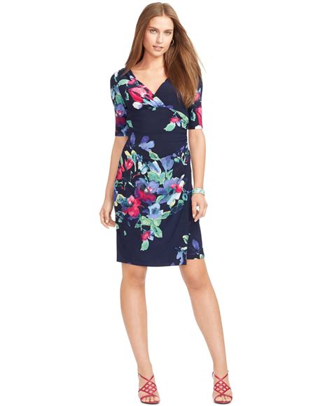 Lauren By Ralph Lauren Floral Print Faux Wrap Dress In Blue Lyst