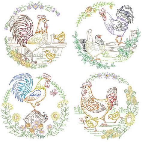 Vintage Chickens Set Designs Sizes Products Swak Embroidery