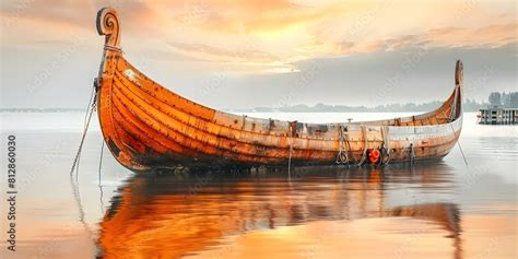 Historic Viking Longship In A Scandinavian Harbor An Ancient Wooden