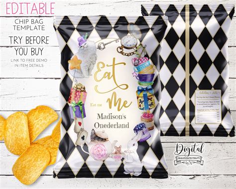 Chip Bag Template Alice In Wonderland Birthday Printable Personalized