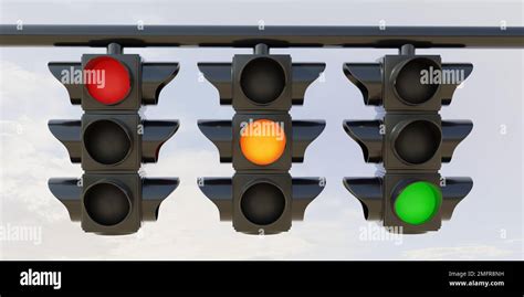 Hanging Traffic Light All Color On Cloudy Sky Background Three