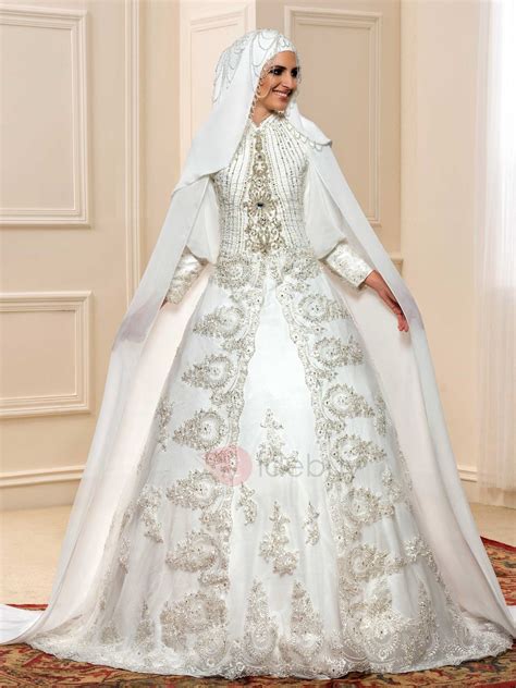 Offers High Quality Luxury Beaded Lace High Neck Muslim Wedding Dress With Sleeves