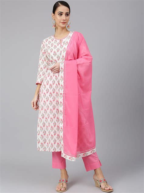 Janasya Indian Womens Off White Cotton Floral Print Kurta With Pant