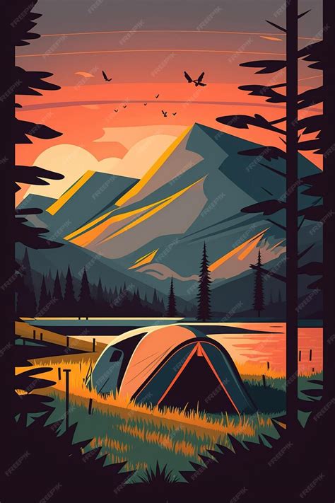 Premium Photo A Poster For A Camping Site With A Mountain In The