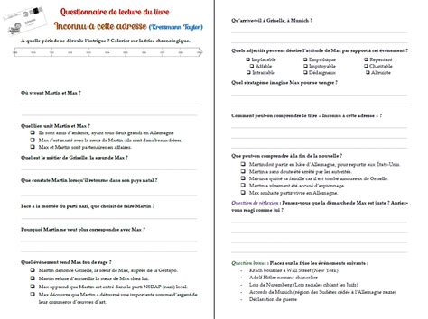 Questionnaire De Lecture Sur Le Livre Inconnu Cette Adresse