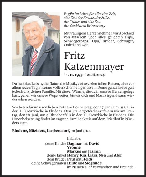 Todesanzeigen Von Fritz Katzenmayer Todesanzeigen Vorarlberger