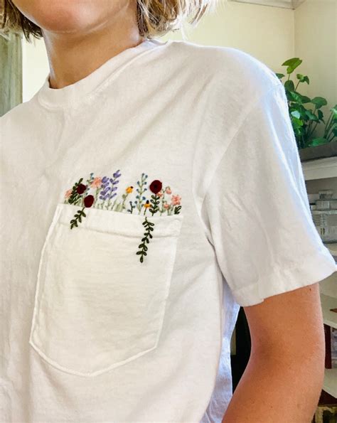 Hand Embroidered Floral White Pocket T Shirt Wildflower Etsy