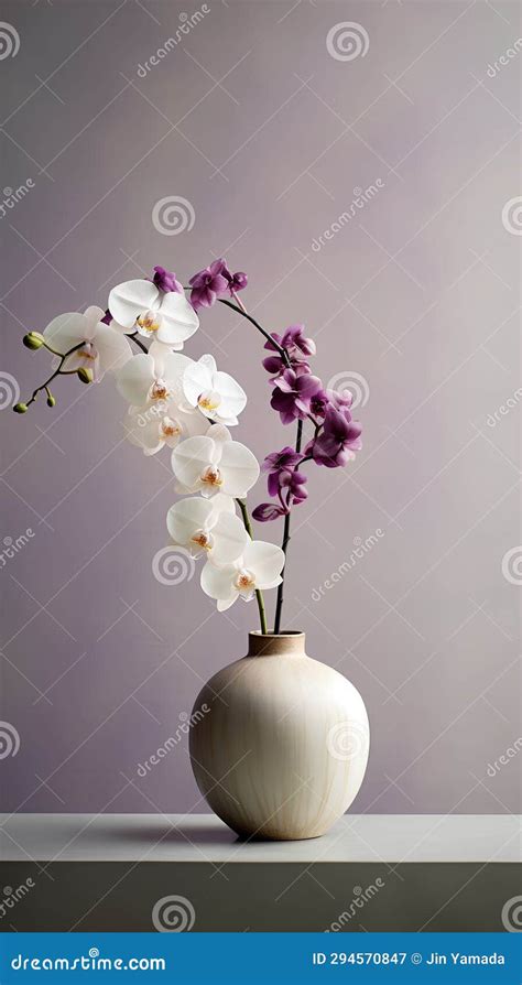 White And Purple Orchids In A Vase On A Gray Background Stock