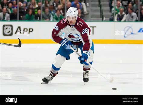 Colorado Avalanche left wing Miles Wood skates against the Dallas Stars ...