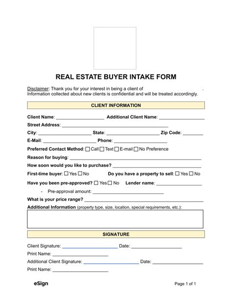 Free Real Estate Buyer Intake Form PDF Word