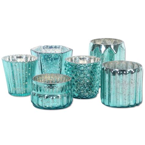 Koyal Wholesale Mint Mixed Mercury Glass Candle Holders 6−pack Mismatched Candle Holders For