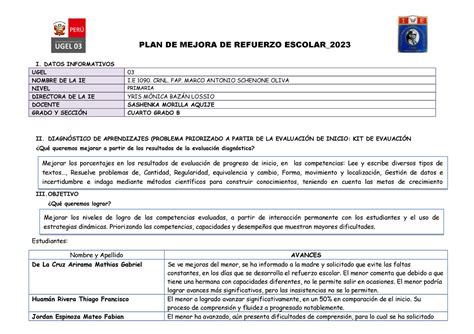 Informe De Refuerzo Escolar Ma Plan De Mejora De Refuerzo Escolar