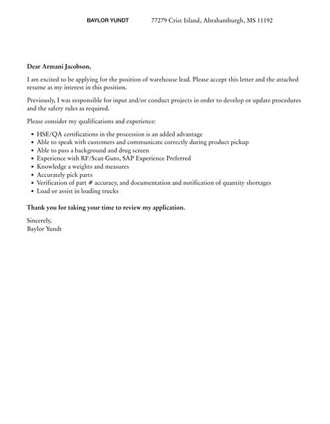 Warehouse Lead Cover Letter Velvet Jobs