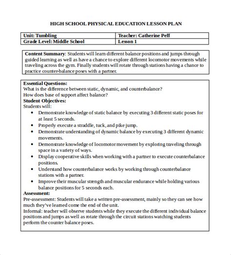 Free 14 Sample Physical Education Lesson Plan Templates In Pdf Ms Word