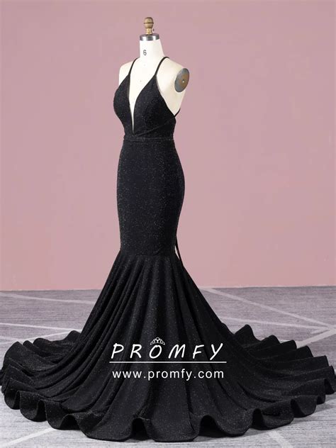 Promfy Black Glitter Spandex Long Train Mermaid Prom Dress