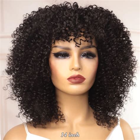 Big Curly Wig With Bangs Short Human Hair Afro Kinky Curly Wig Brown