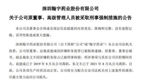 V观财报原高管被采取刑事强制措施 翰宇药业股价4连阴公司袁建成朱文丰