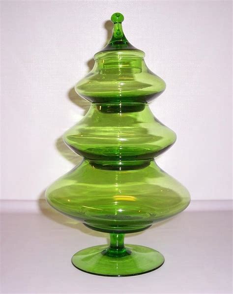 Mid Century Hand Blown Green Art Glass Stacking Christmas Tree Candy Dish 1832865073