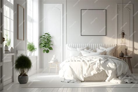 Premium AI Image | A white bedroom with a framed picture on the wall ...