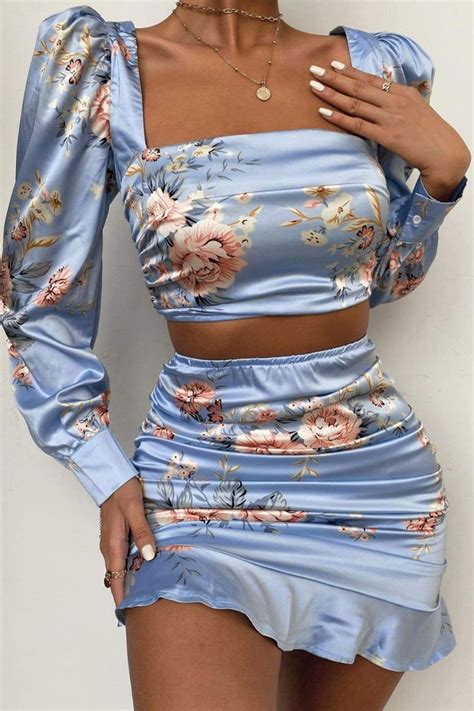 Blue Floral Print Satin Ruffle Two Piece Dress Two Piece Dress