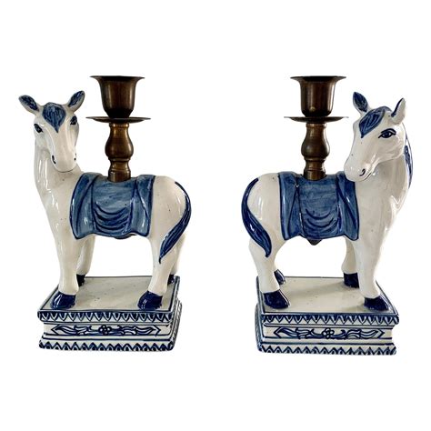 Pair Of Blue And White Porcelain Candle Holders Circa 1930 For Sale At