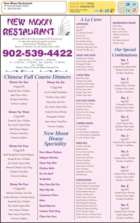 New Moon Restaurant Menu Hours And Prices 78 Townsend St Sydney Ns