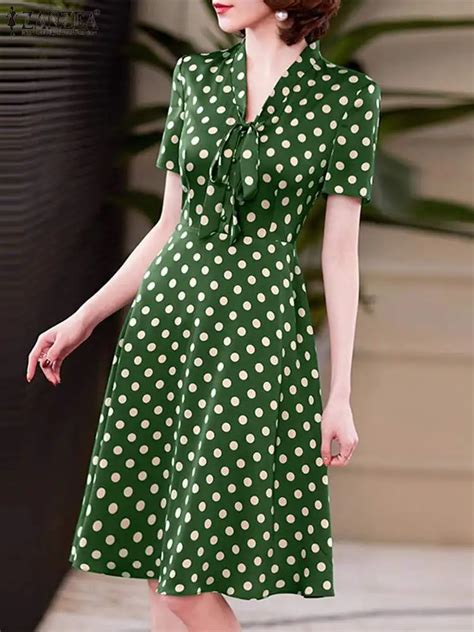 Zanzea Elegant Polka Dot Knee Dress Women Tie Neck Sundress 2024 Summer