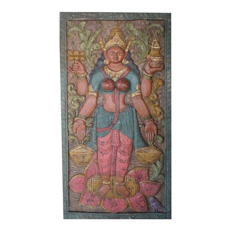 Vintage Carved Lakshmi Hindu Goddess Of Wealth Barn Door Colorful Wall